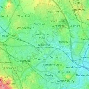 Mapa topográfico Willenhall, altitude, relevo