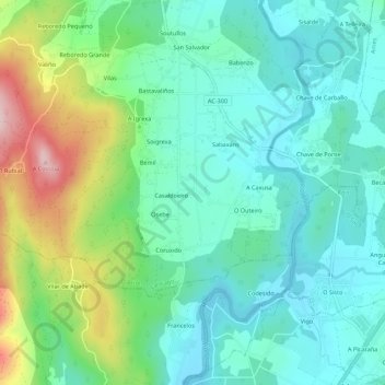 Mapa topográfico Romarís, altitude, relevo