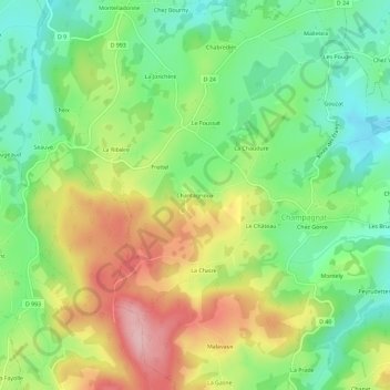 Mapa topográfico Chantagrioux, altitude, relevo