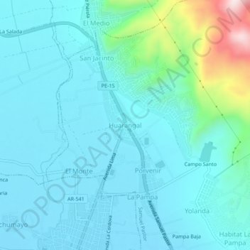 Mapa topográfico Huarangal, altitude, relevo