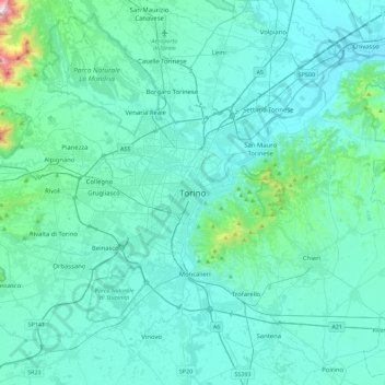 Mapa topográfico Turim, altitude, relevo