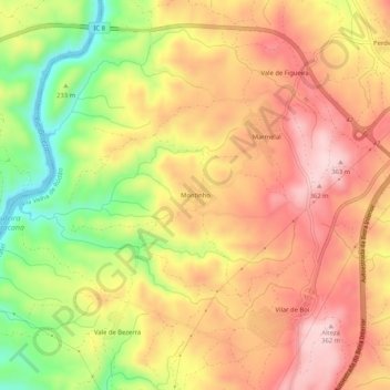 Mapa topográfico Montinho, altitude, relevo