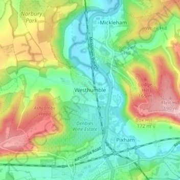 Mapa topográfico Westhumble, altitude, relevo