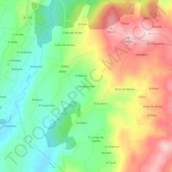 Mapa topográfico Eixe de Lamas, altitude, relevo