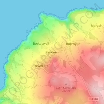 Mapa topográfico Pendeen, altitude, relevo