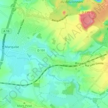 Mapa topográfico Bouquinghem, altitude, relevo