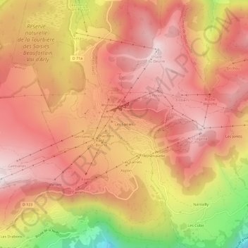 Mapa topográfico Les Saisies, altitude, relevo