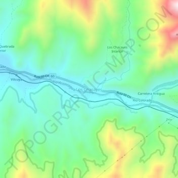 Mapa topográfico Los Chacayes, altitude, relevo