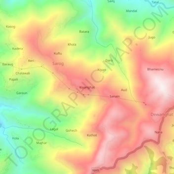 Mapa topográfico Kiyarighat, altitude, relevo