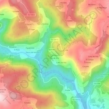 Mapa topográfico Cabanelas, altitude, relevo