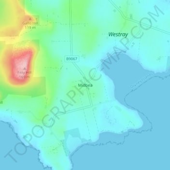 Mapa topográfico Midbea, altitude, relevo