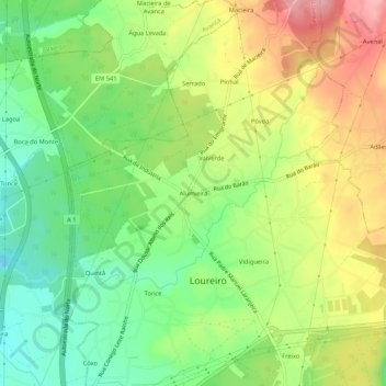 Mapa topográfico Alumieira, altitude, relevo