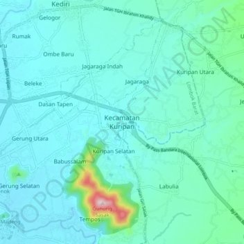 Mapa topográfico Kecamatan Kuripan, altitude, relevo