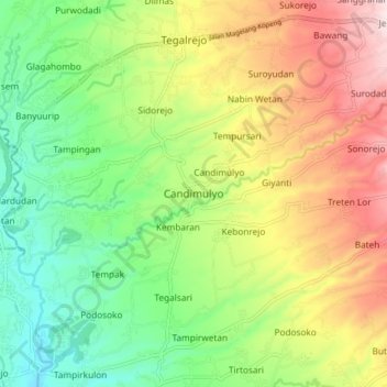 Mapa topográfico Candimulyo, altitude, relevo