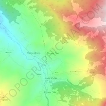 Mapa topográfico Mezzana Torre, altitude, relevo