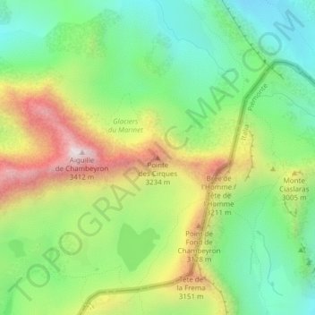 Mapa topográfico Pointe des Cirques, altitude, relevo