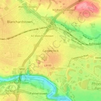 Mapa topográfico Castleknock, altitude, relevo