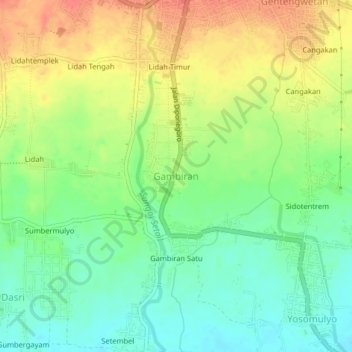 Mapa topográfico Gambiran, altitude, relevo