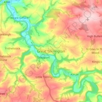 Mapa topográfico Great Torrington, altitude, relevo