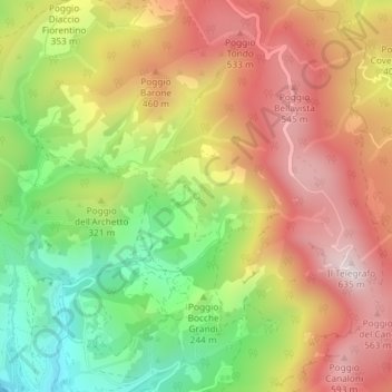 Mapa topográfico Fonte del Romito, altitude, relevo