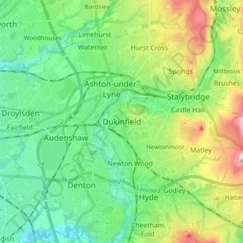 Mapa topográfico Dukinfield, altitude, relevo