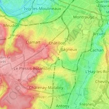 Mapa topográfico Fontenay-aux-Roses, altitude, relevo