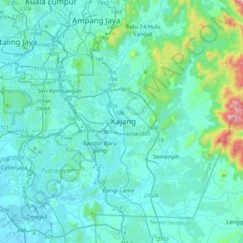Mapa topográfico Kajang, altitude, relevo