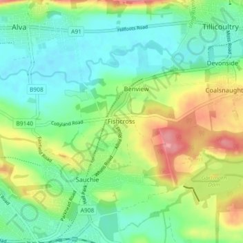 Mapa topográfico Fishcross, altitude, relevo