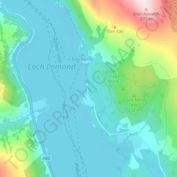 Mapa topográfico Rowardennan, altitude, relevo