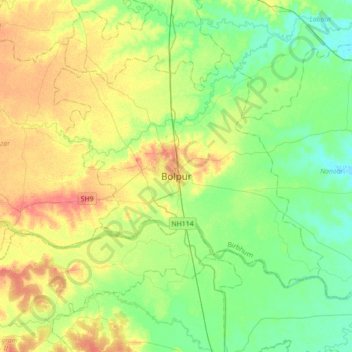 Mapa topográfico Bolpur, altitude, relevo
