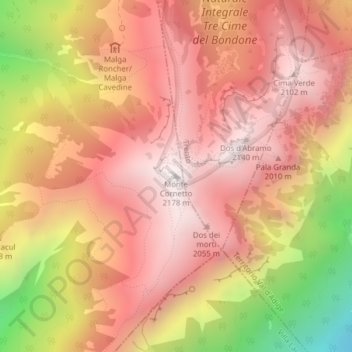 Mapa topográfico Monte Cornetto, altitude, relevo