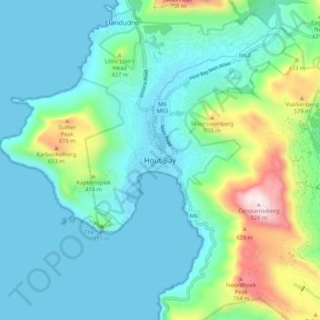 Mapa topográfico Hout Bay, altitude, relevo