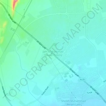 Mapa topográfico Jam Muhammad Yousuf Colony, altitude, relevo