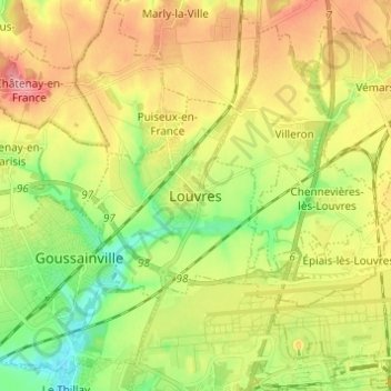 Mapa topográfico Louvres, altitude, relevo