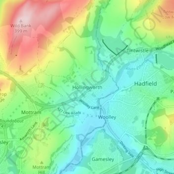 Mapa topográfico Hollingworth, altitude, relevo