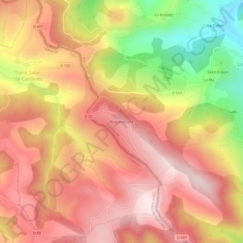 Mapa topográfico Roquecezière, altitude, relevo