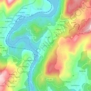 Mapa topográfico Cortegada, altitude, relevo