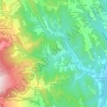 Mapa topográfico Paterno, altitude, relevo