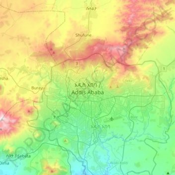 Mapa topográfico Addis-Abeba, altitude, relevo