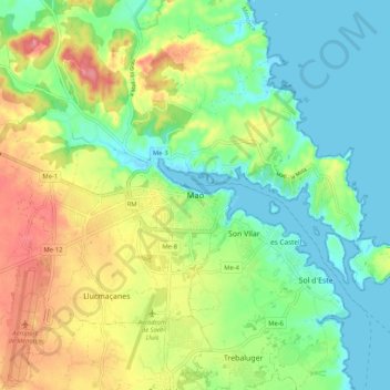 Mapa topográfico Mahón, altitude, relevo
