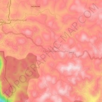 Mapa topográfico Cherambadi, altitude, relevo