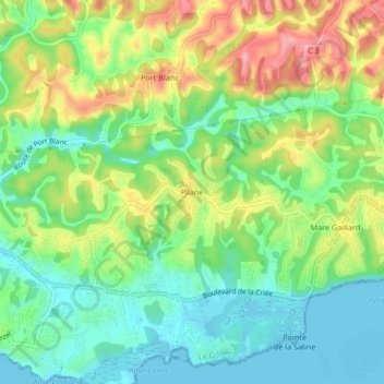 Mapa topográfico Pliane, altitude, relevo