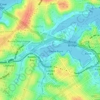 Mapa topográfico Rozelle Bay, altitude, relevo