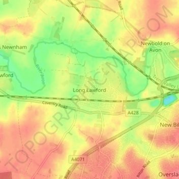 Mapa topográfico Long Lawford, altitude, relevo