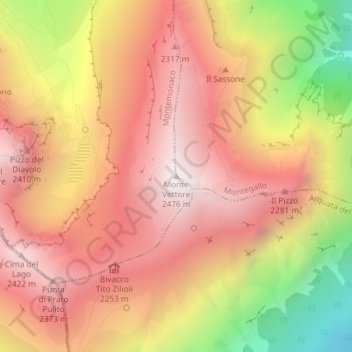 Mapa topográfico Monte Vettore, altitude, relevo