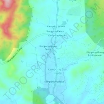 Mapa topográfico Kampung Mayor Pantai, altitude, relevo