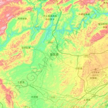 Mapa topográfico 普定县, altitude, relevo