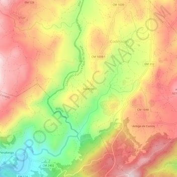 Mapa topográfico Secerigo, altitude, relevo