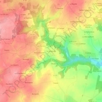 Mapa topográfico Le Hangouët, altitude, relevo