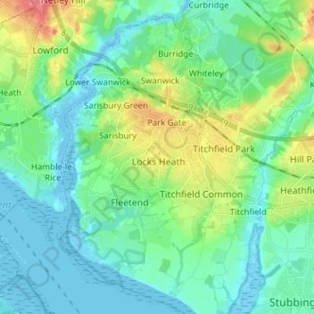 Mapa topográfico Locks Heath, altitude, relevo